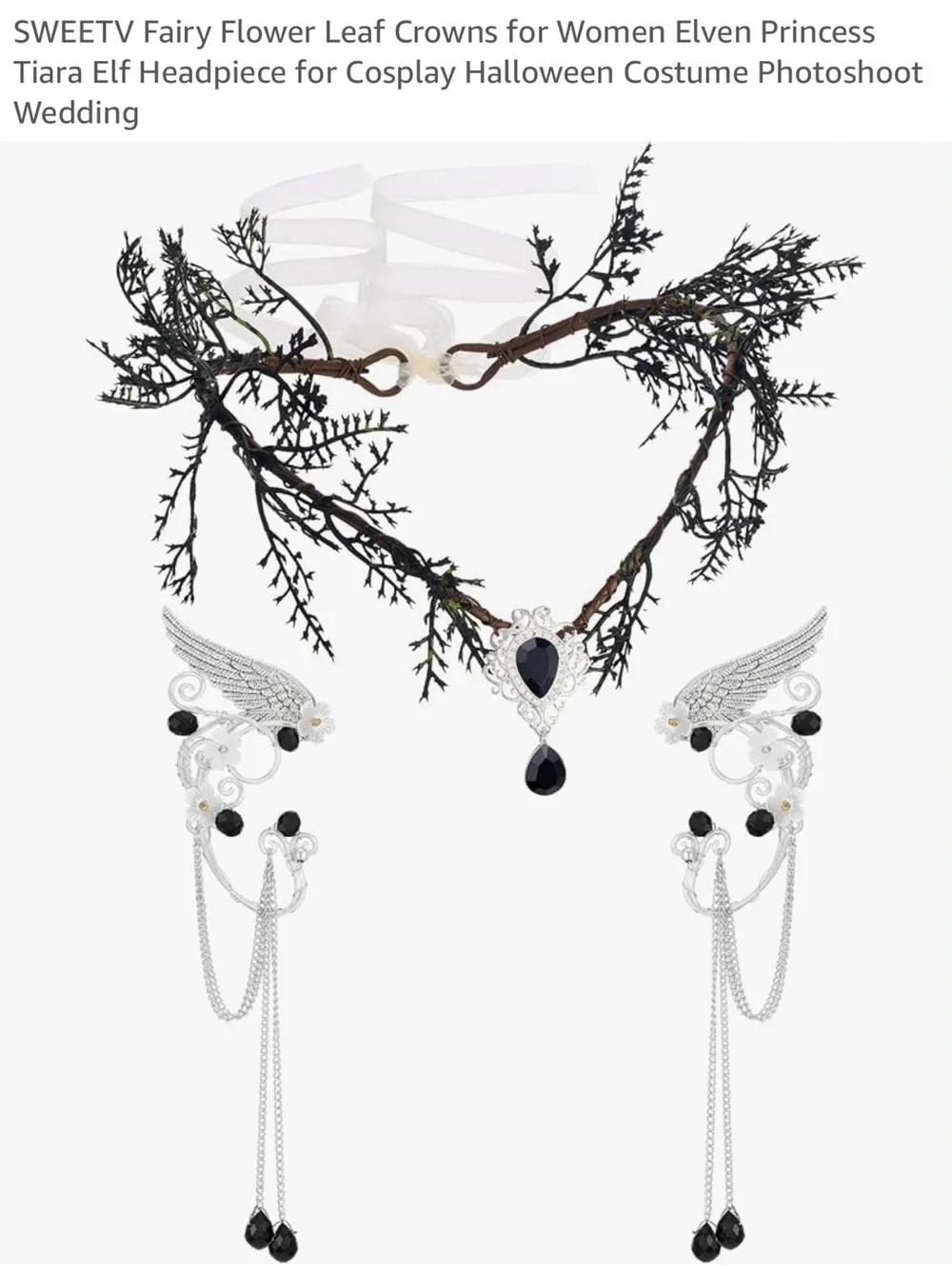 Black Leaf Tiara with Silver Wing Earrings - SWEETV Fairy Elven Headpiece